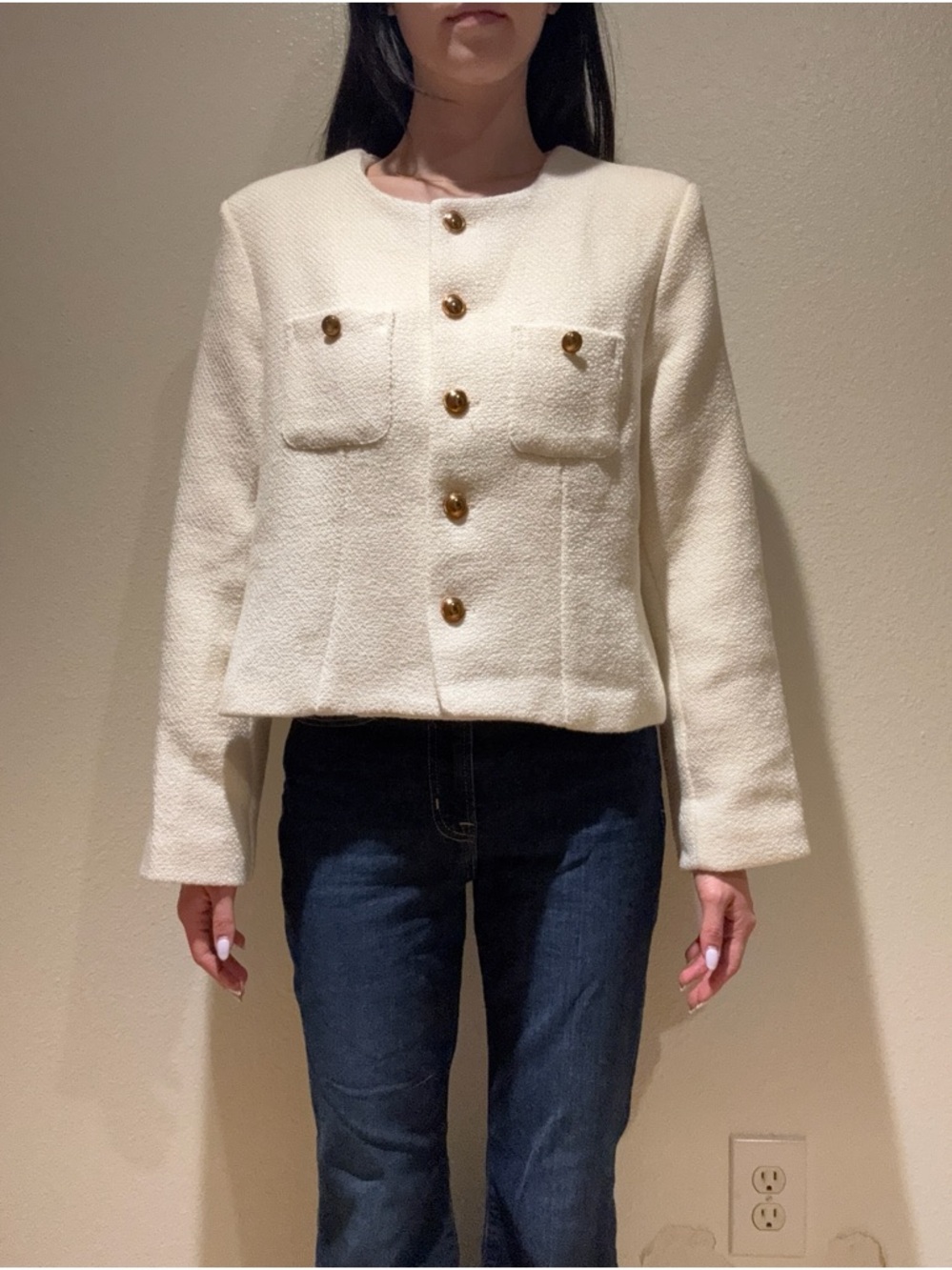Cream Bouclé Collarless Button-Front Blazer